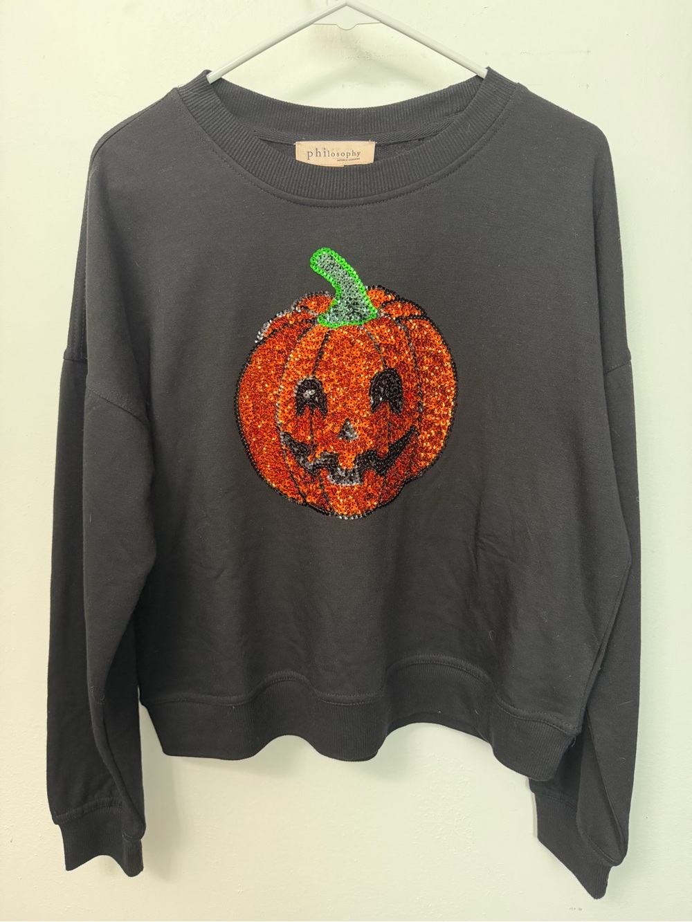 Philosophy Black Halloween Crewneck Sweater with Sequin Pumpkin